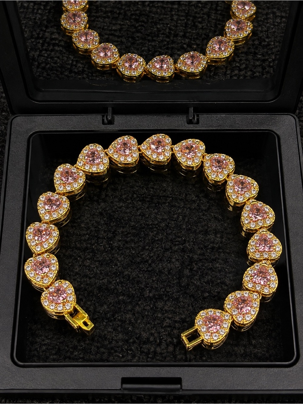 Gold Heart Tennis Bracelet with Pink Stones - Women Jewelry